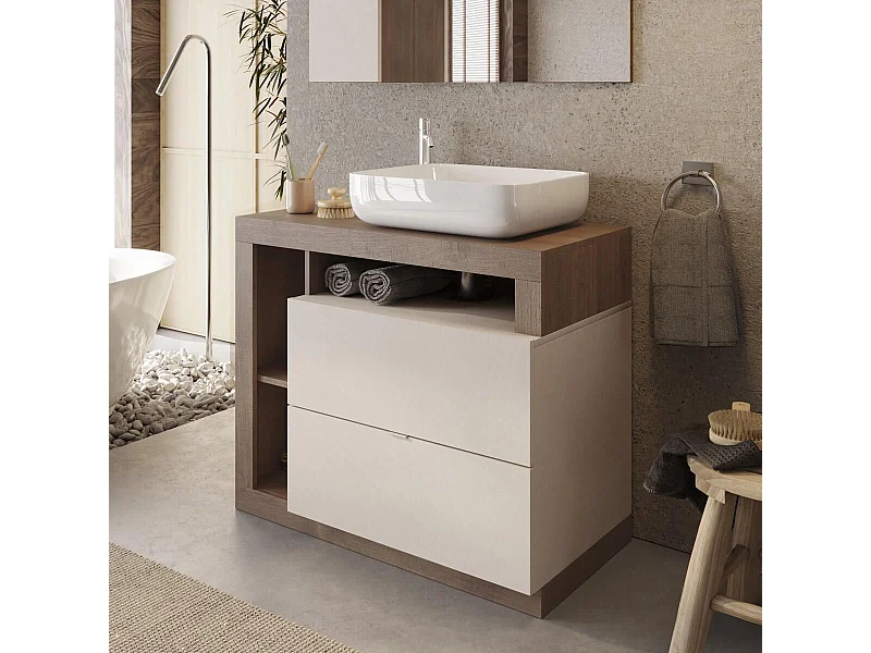 ARTURO - Meuble Vasque 92cm 2 tiroirs beige laqué et aspect bois finition Mercure
