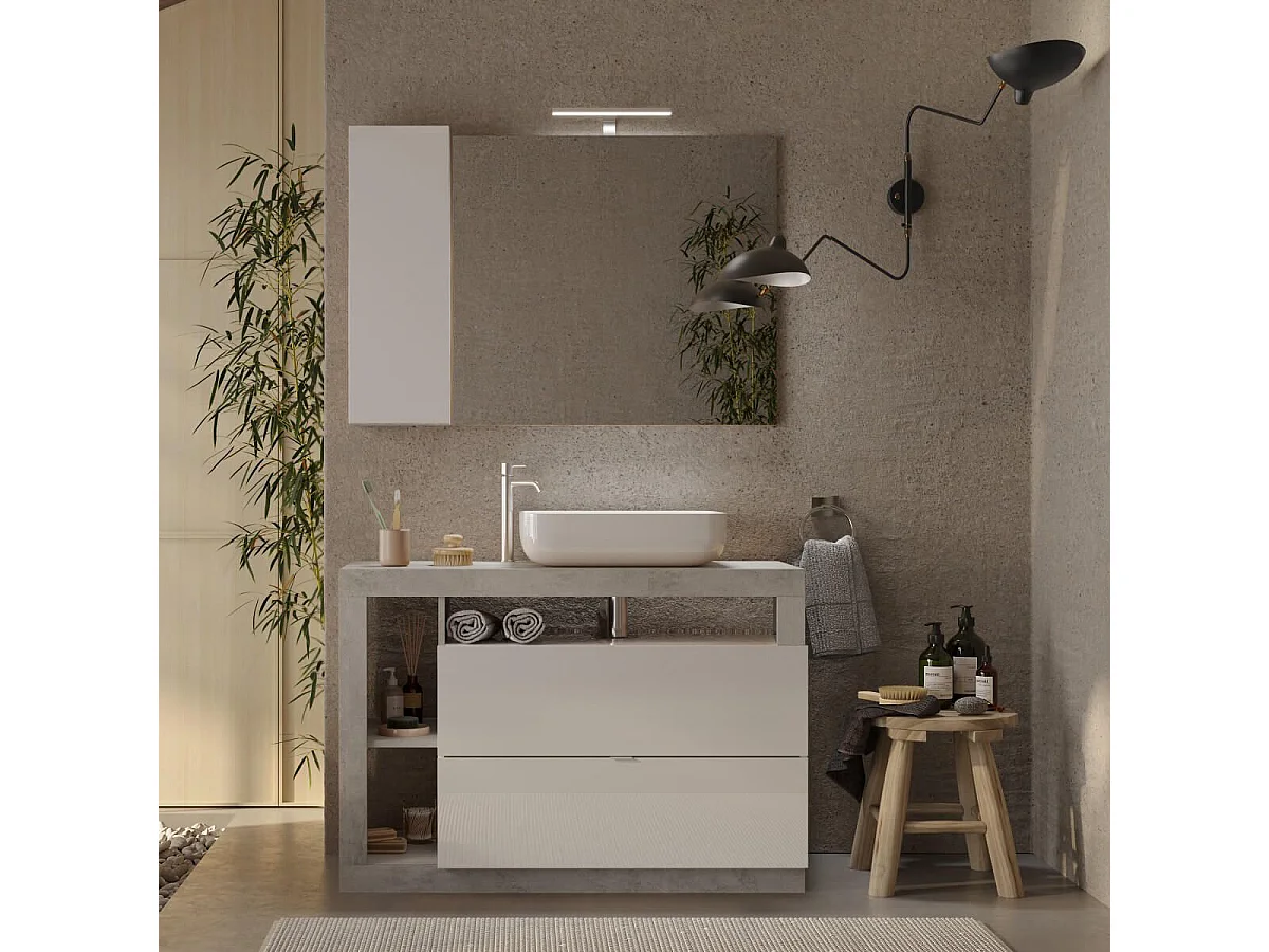 ARTURO - Meuble Vasque 110cm 2 tiroirs blanc laqué et aspect béton