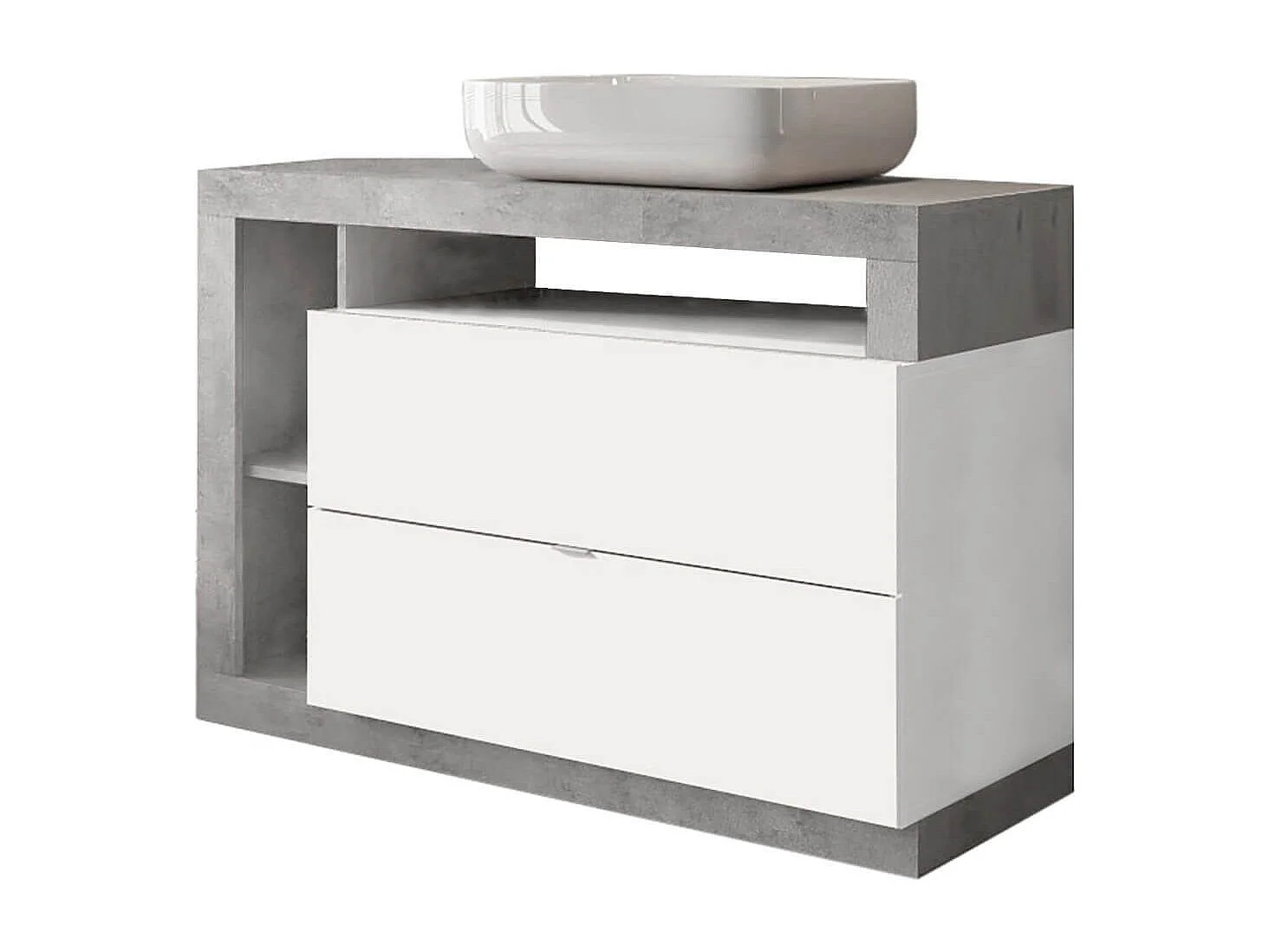 ARTURO - Meuble Vasque 110cm 2 tiroirs blanc laqué et aspect béton