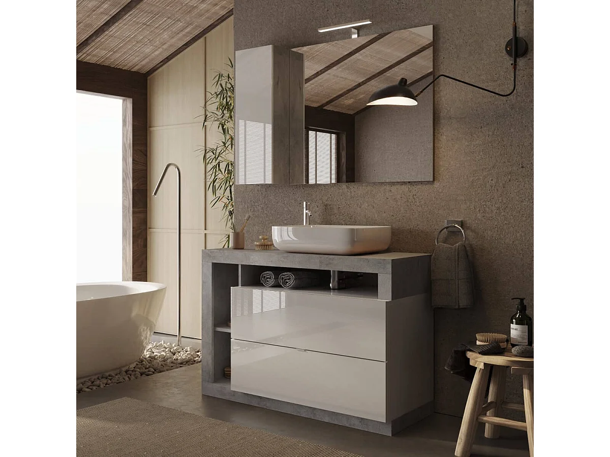 ARTURO - Meuble Vasque 110cm 2 tiroirs blanc laqué et aspect béton