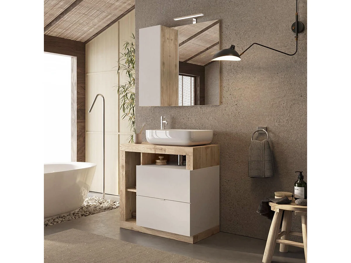 ARTURO - Meuble Vasque 78cm 2 tiroirs beige laqué et aspect bois finition Cadiz