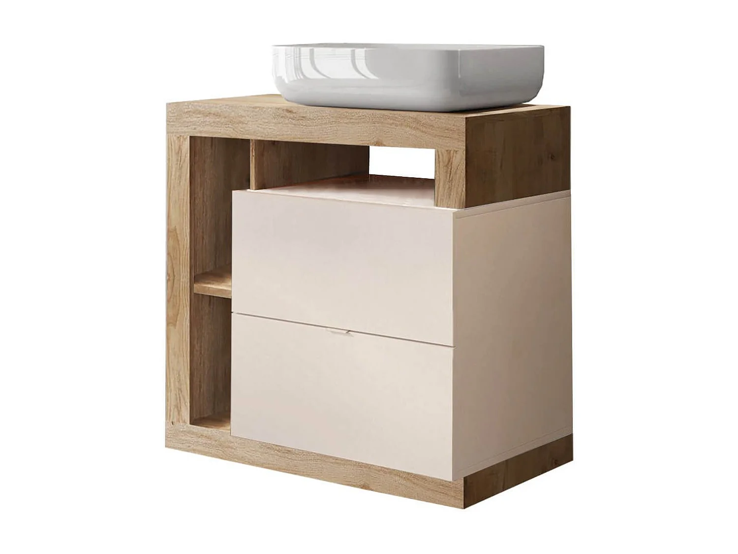 ARTURO - Meuble Vasque 78cm 2 tiroirs beige laqué et aspect bois finition Cadiz