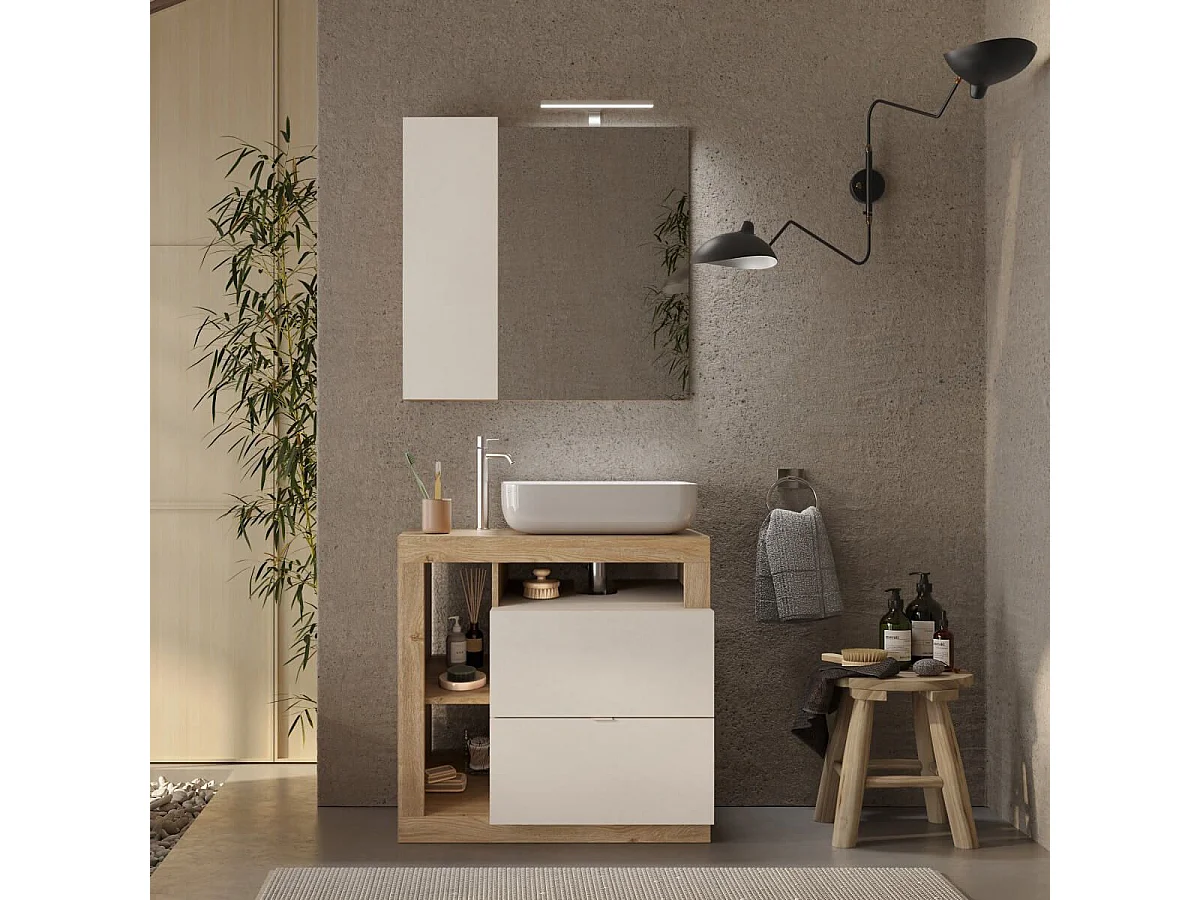 ARTURO - Meuble Vasque 78cm 2 tiroirs beige laqué et aspect bois finition Cadiz