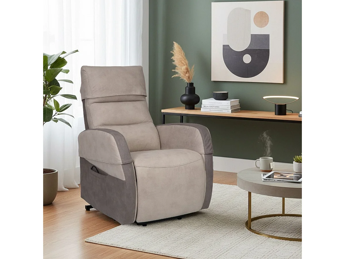 Fauteuil relax releveur tissu polyester imitation cuir gris et beige - NYMPHAEA