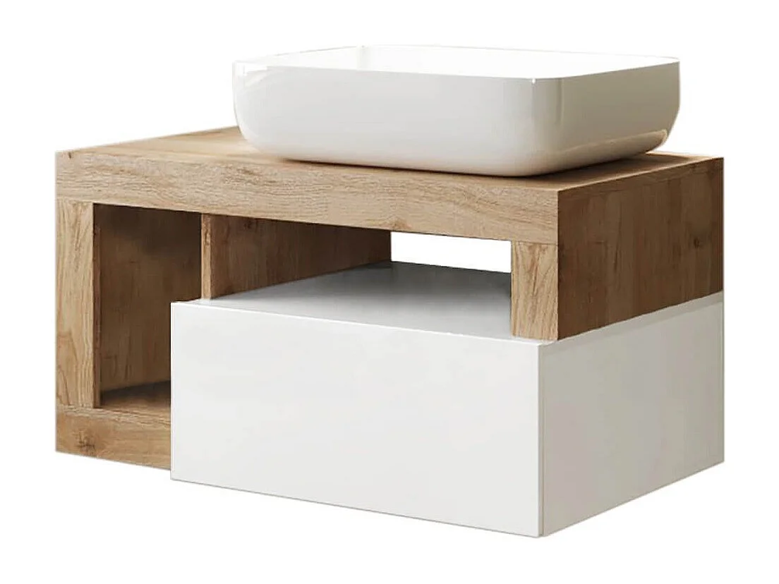 ARTURO - Meuble Vasque 78cm suspendu 1 tiroirs blanc laqué et aspect bois finition Cadiz