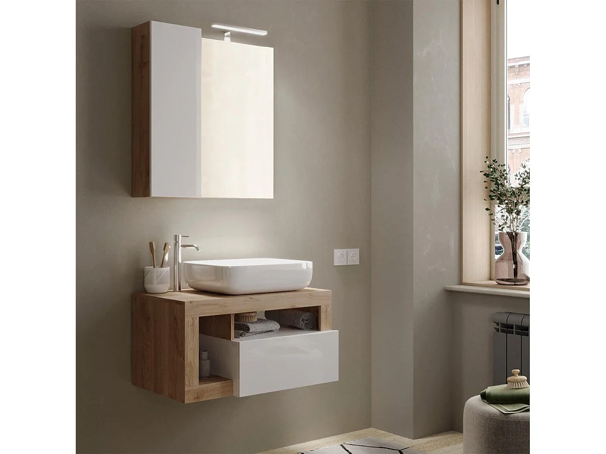 ARTURO - Meuble Vasque 78cm suspendu 1 tiroirs blanc laqué et aspect bois finition Cadiz