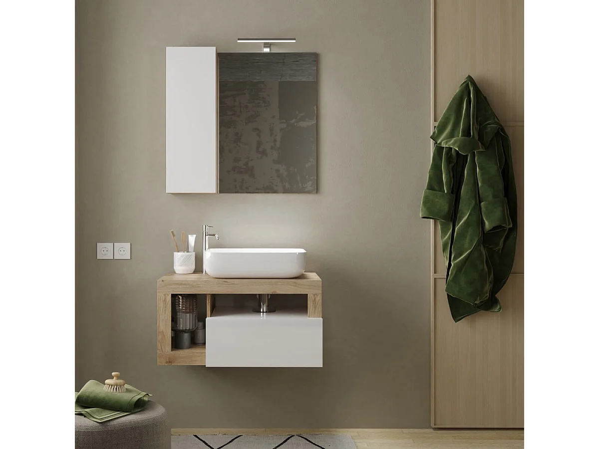 ARTURO - Meuble Vasque 78cm suspendu 1 tiroirs blanc laqué et aspect bois finition Cadiz