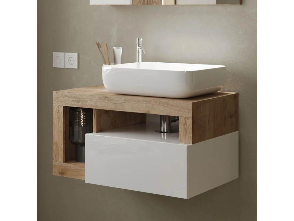 ARTURO - Meuble Vasque 78cm suspendu 1 tiroirs blanc laqué et aspect bois finition Cadiz
