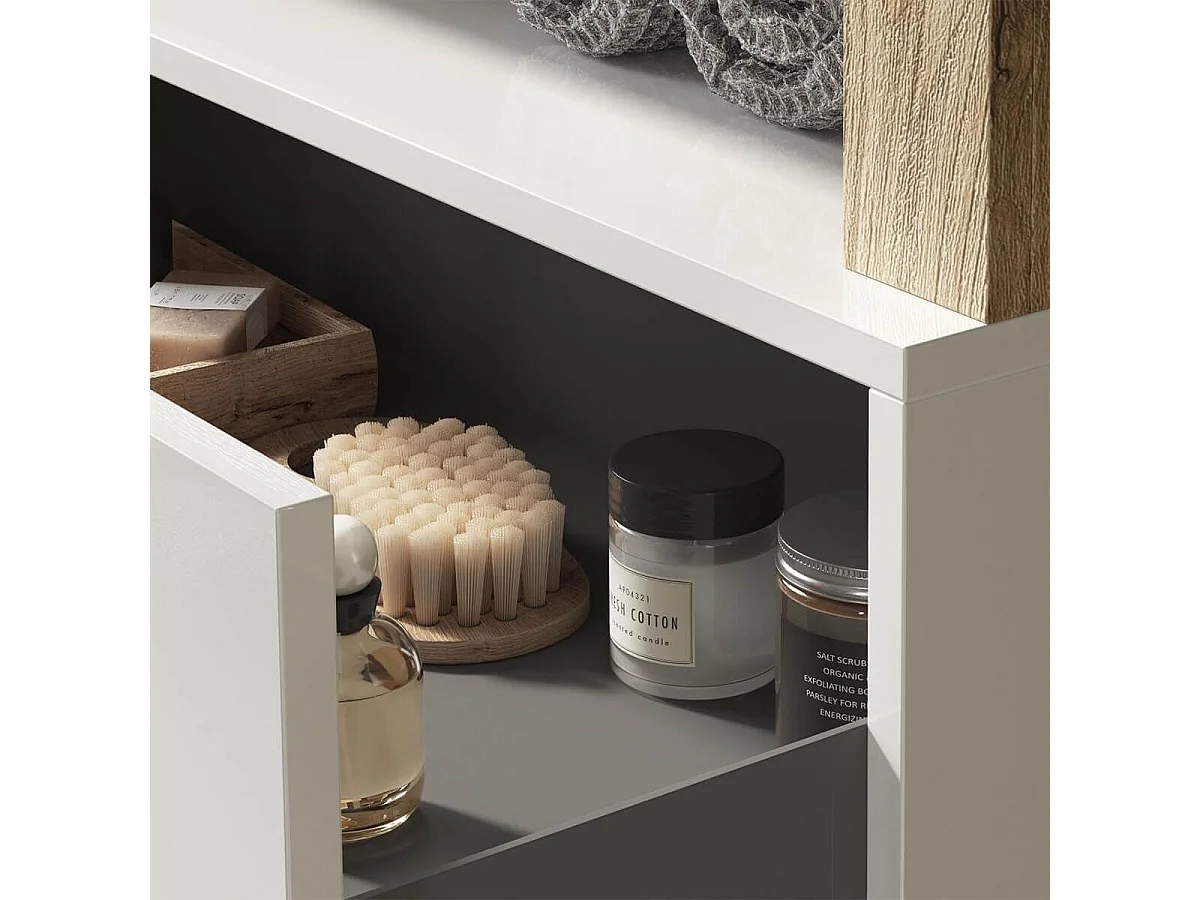 ARTURO - Meuble Vasque 78cm suspendu 1 tiroirs blanc laqué et aspect bois finition Cadiz