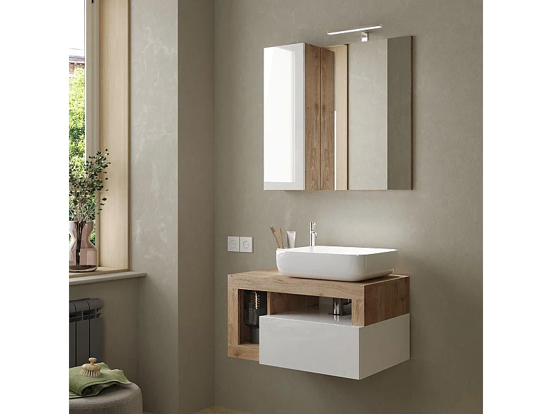 ARTURO - Meuble Vasque 78cm suspendu 1 tiroirs blanc laqué et aspect bois finition Cadiz