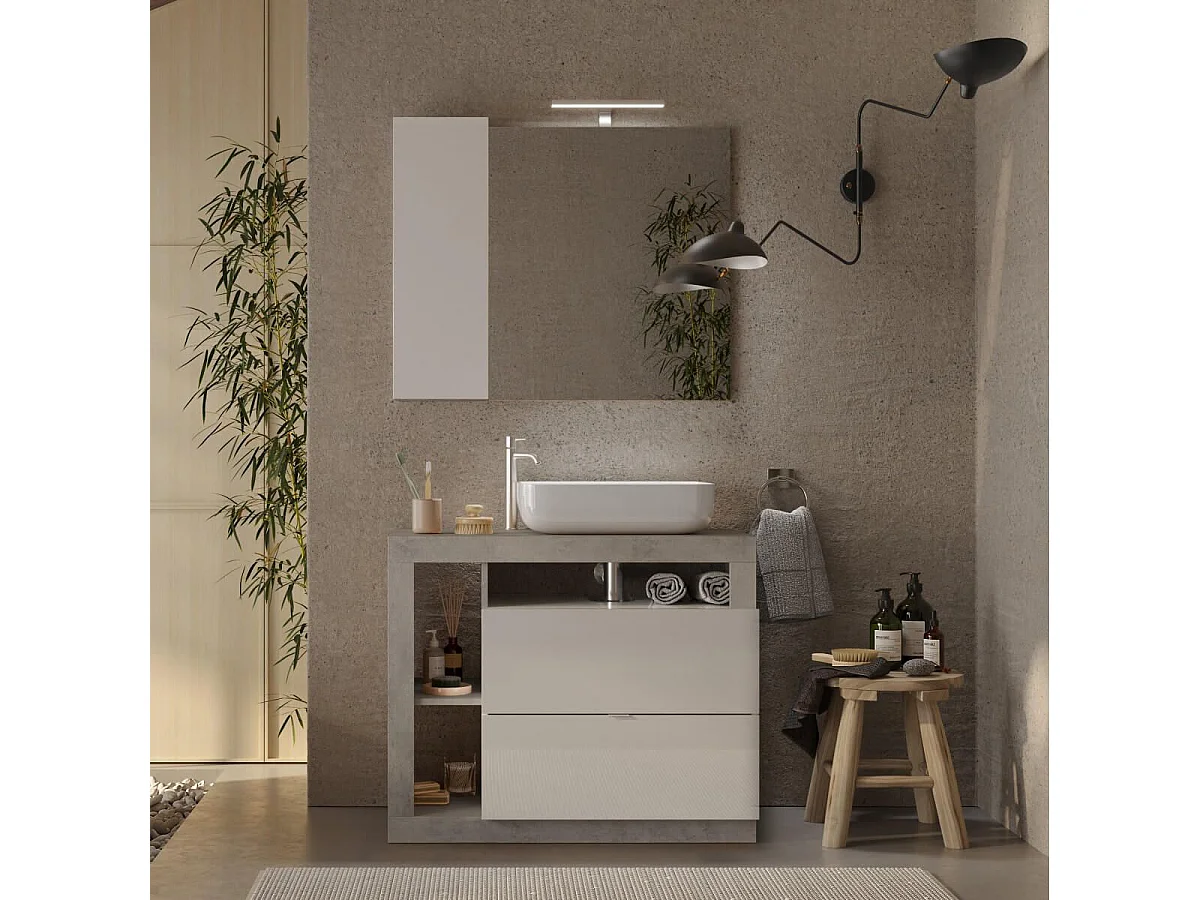 ARTURO - Meuble Vasque 92cm 2 tiroirs blanc laqué et aspect béton