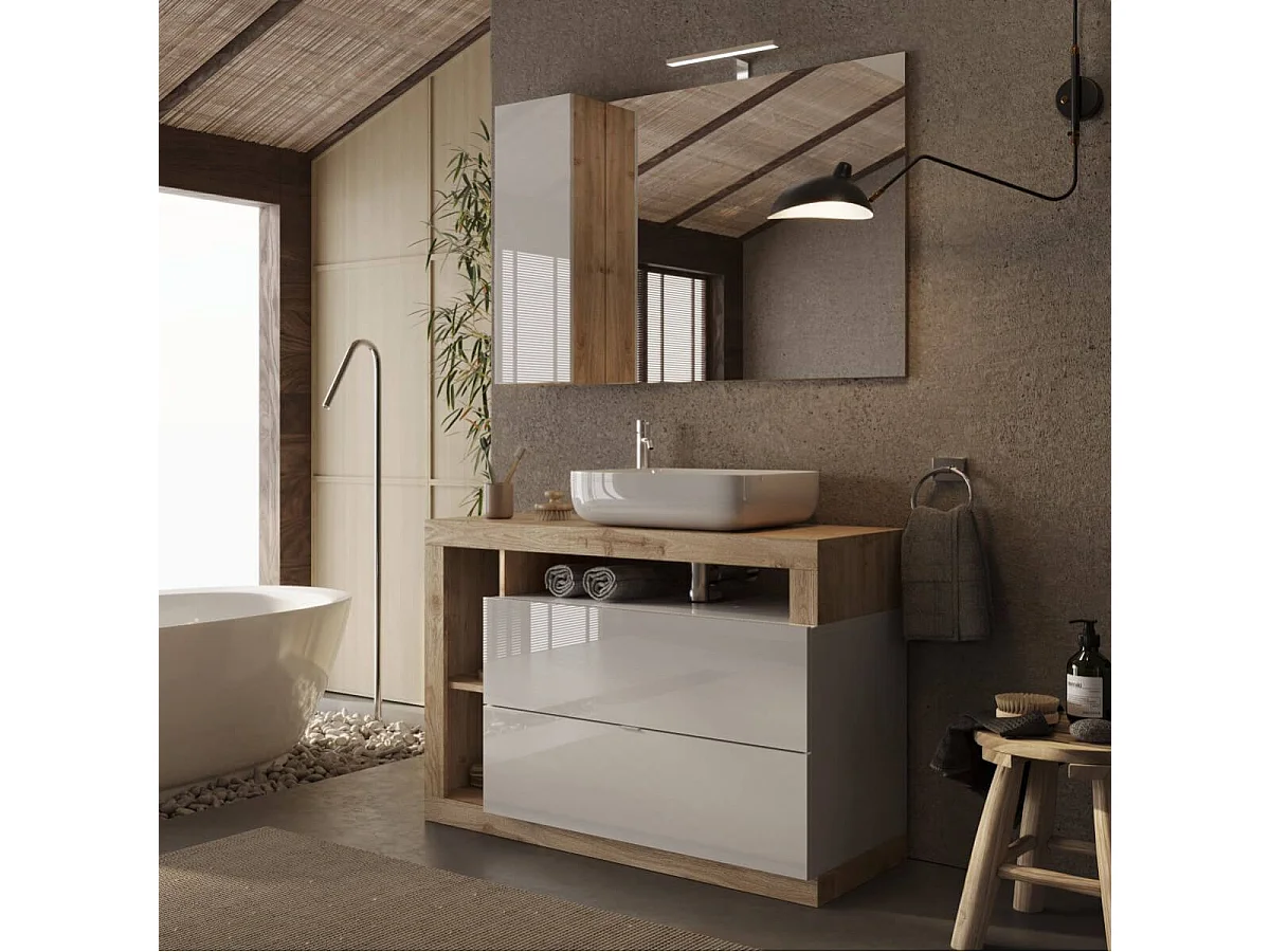 ARTURO - Meuble Vasque 110cm 2 tiroirs blanc laqué et aspect bois finition Cadiz