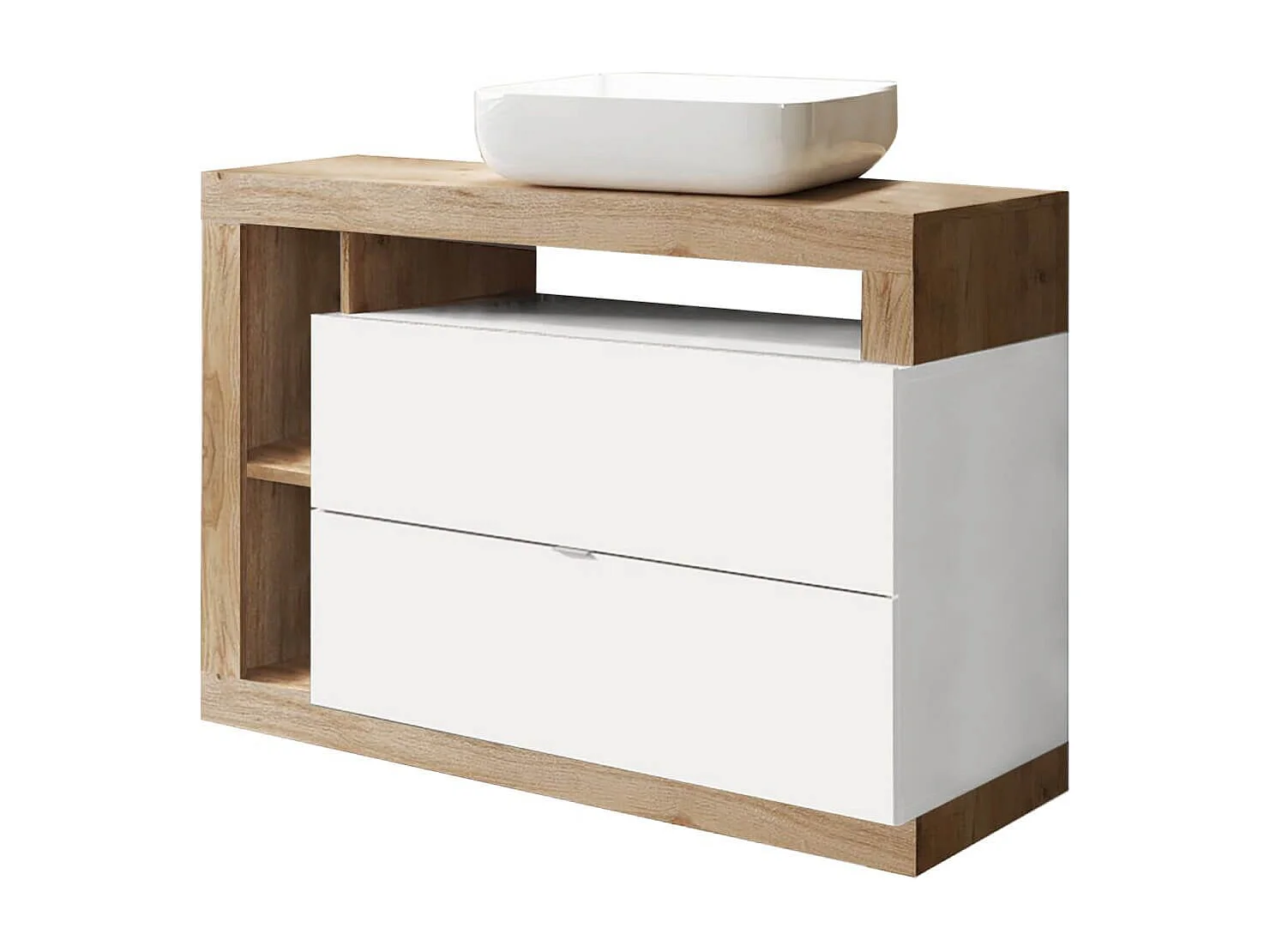 ARTURO - Meuble Vasque 110cm 2 tiroirs blanc laqué et aspect bois finition Cadiz