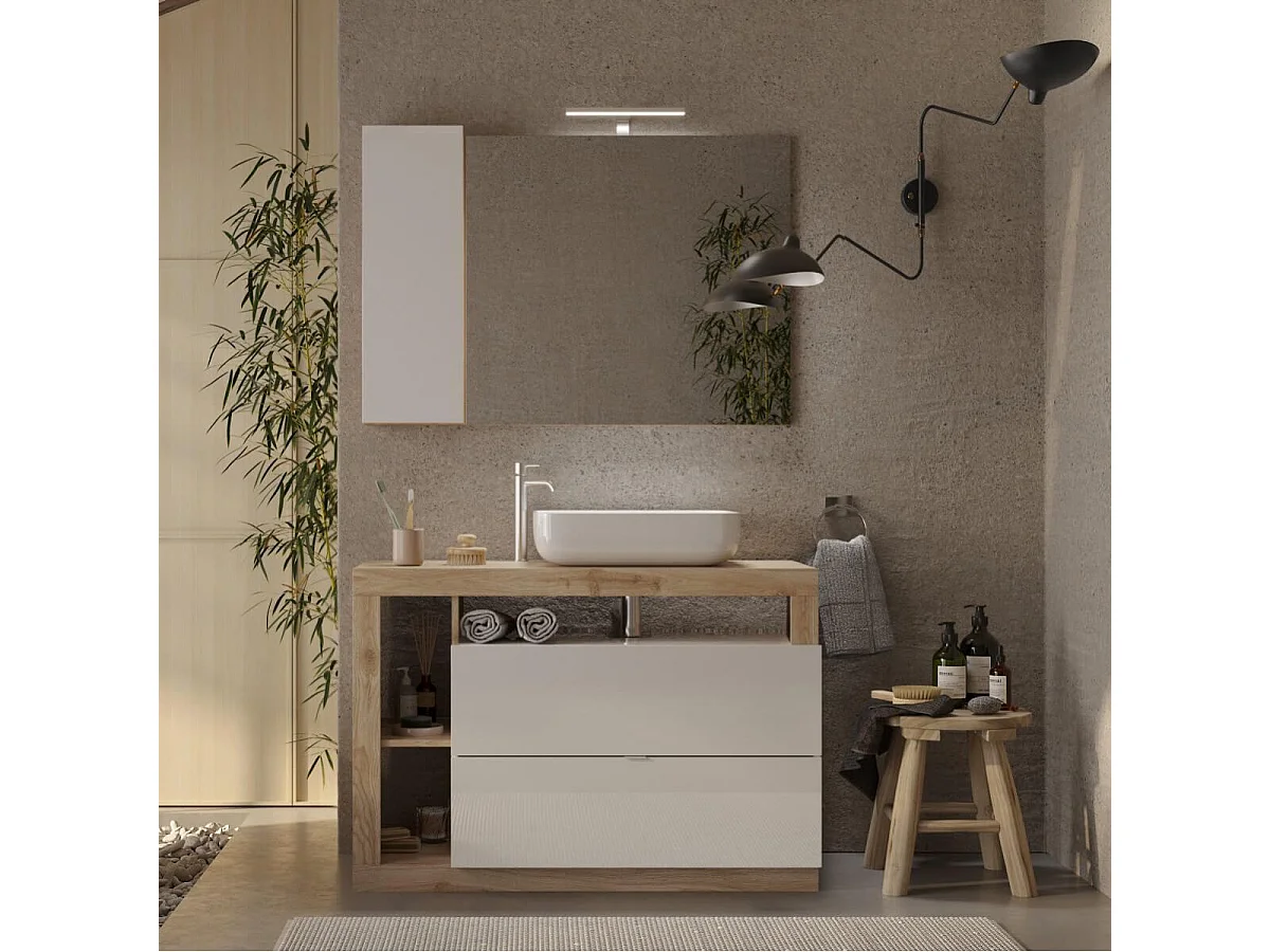 ARTURO - Meuble Vasque 110cm 2 tiroirs blanc laqué et aspect bois finition Cadiz