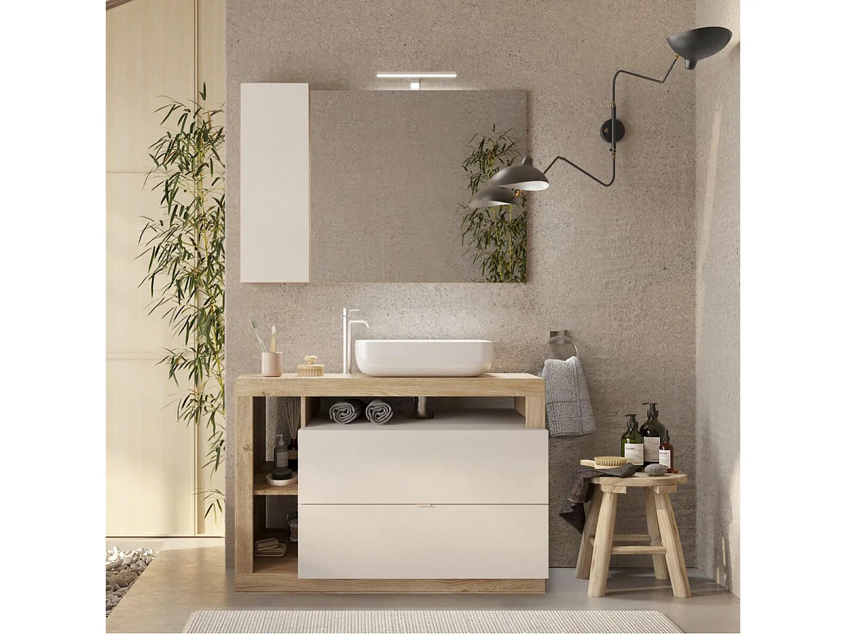 ARTURO - Meuble Vasque 110cm 2 tiroirs beige laqué et aspect bois finition Cadiz