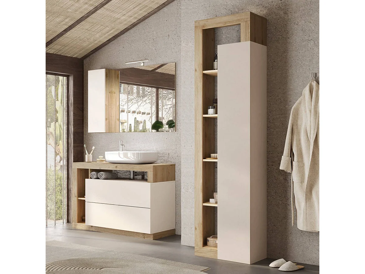 ARTURO - Meuble Vasque 110cm 2 tiroirs beige laqué et aspect bois finition Cadiz