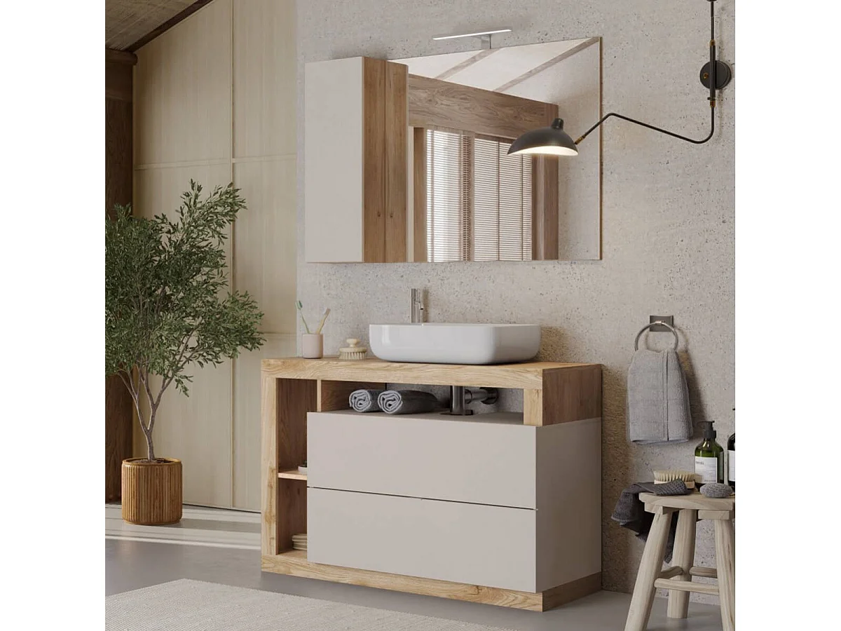 ARTURO - Meuble Vasque 110cm 2 tiroirs beige laqué et aspect bois finition Cadiz