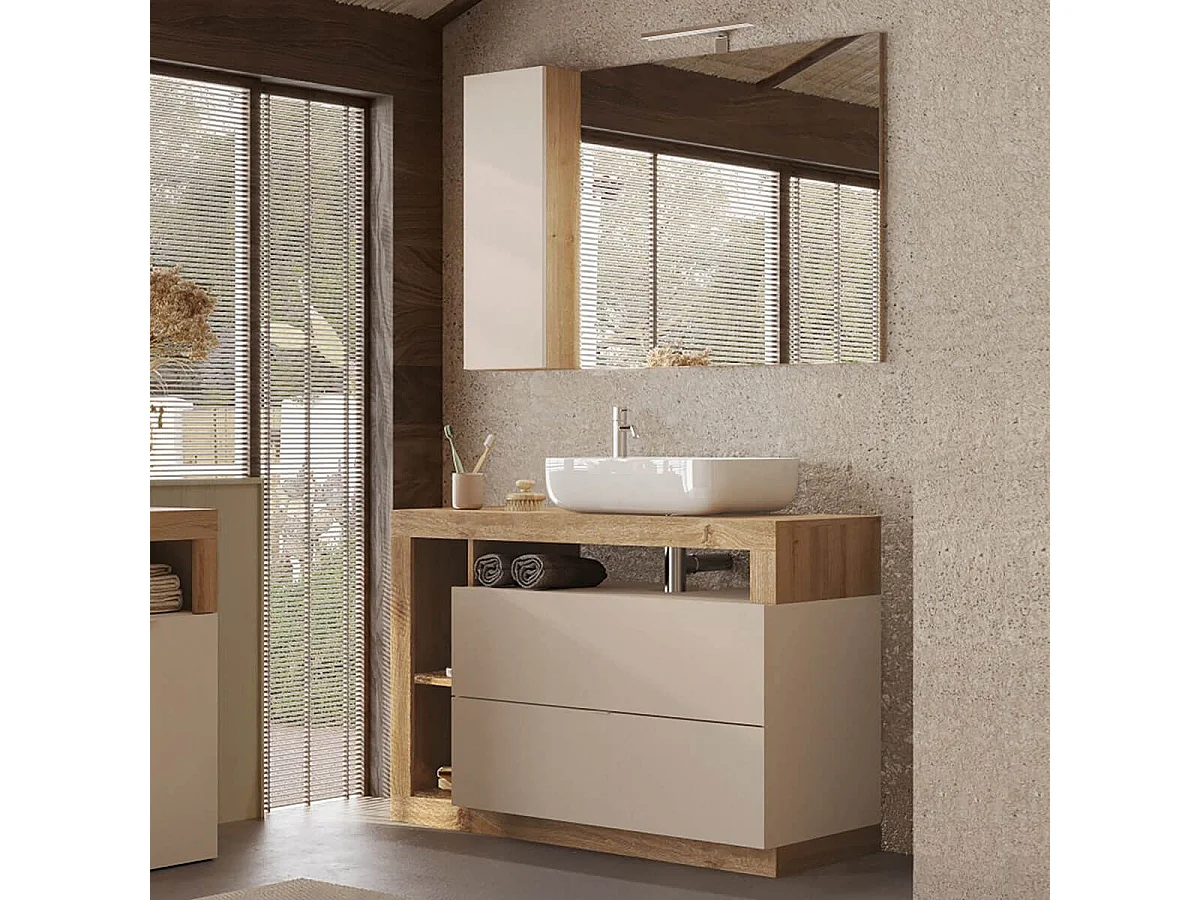 ARTURO - Meuble Vasque 110cm 2 tiroirs beige laqué et aspect bois finition Cadiz