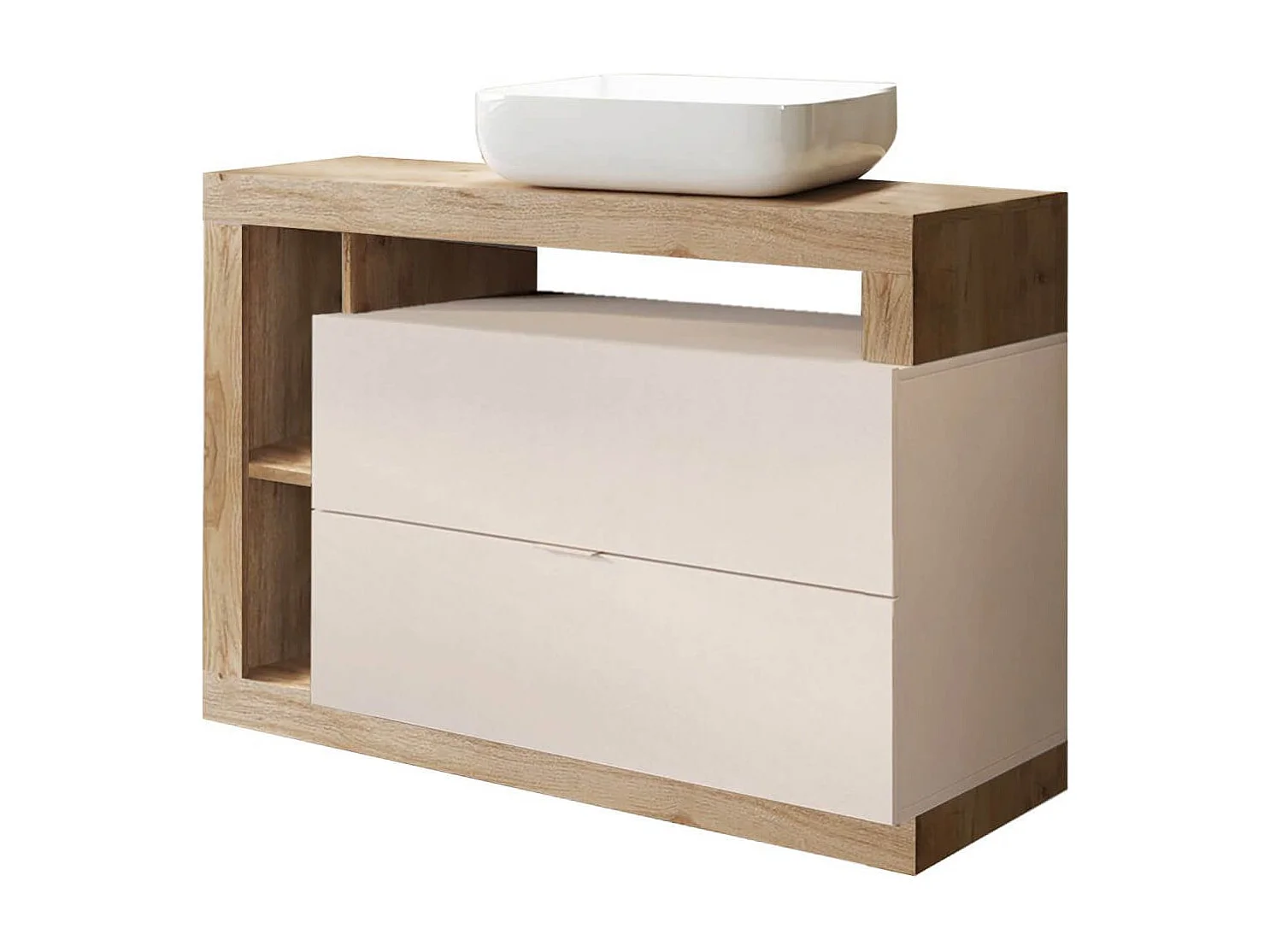 ARTURO - Meuble Vasque 110cm 2 tiroirs beige laqué et aspect bois finition Cadiz