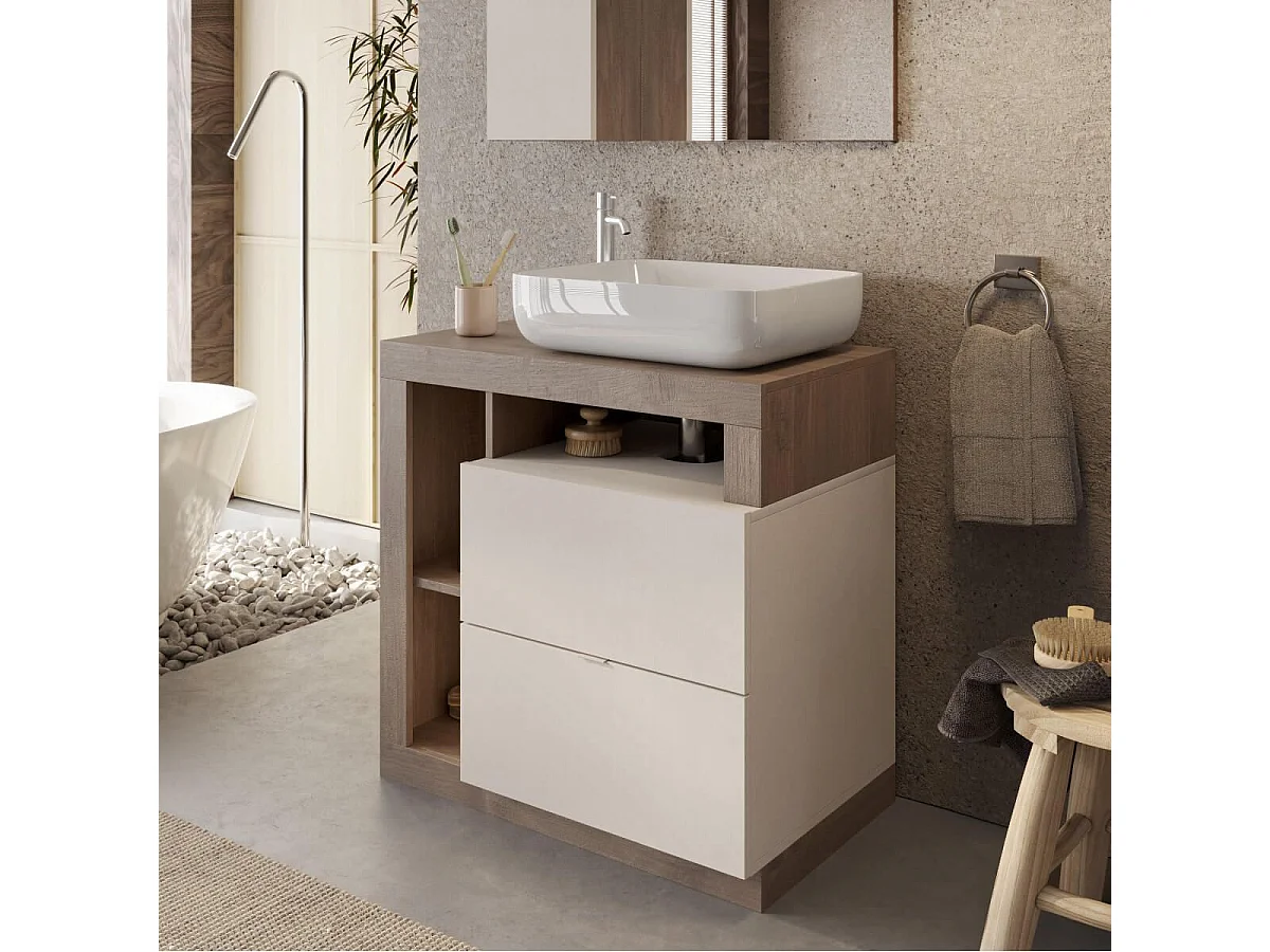 ARTURO - Meuble Vasque 78cm 2 tiroirs beige laqué et aspect bois finition Mercure