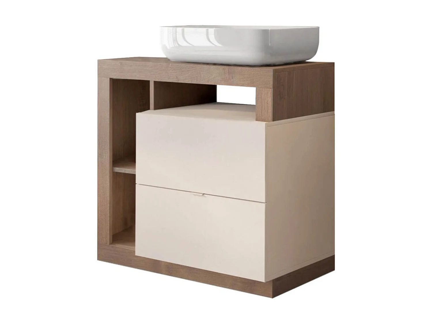 ARTURO - Meuble Vasque 78cm 2 tiroirs beige laqué et aspect bois finition Mercure