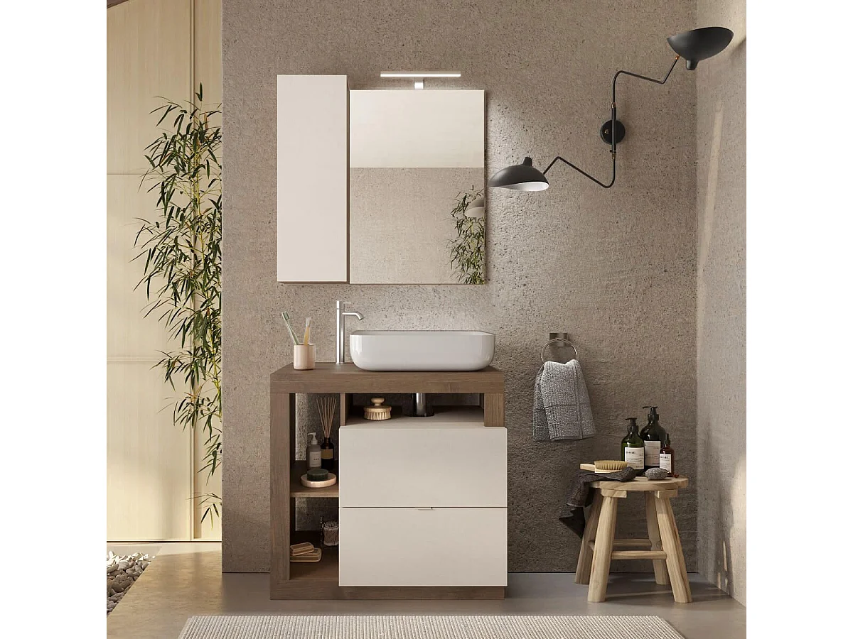 ARTURO - Meuble Vasque 78cm 2 tiroirs beige laqué et aspect bois finition Mercure