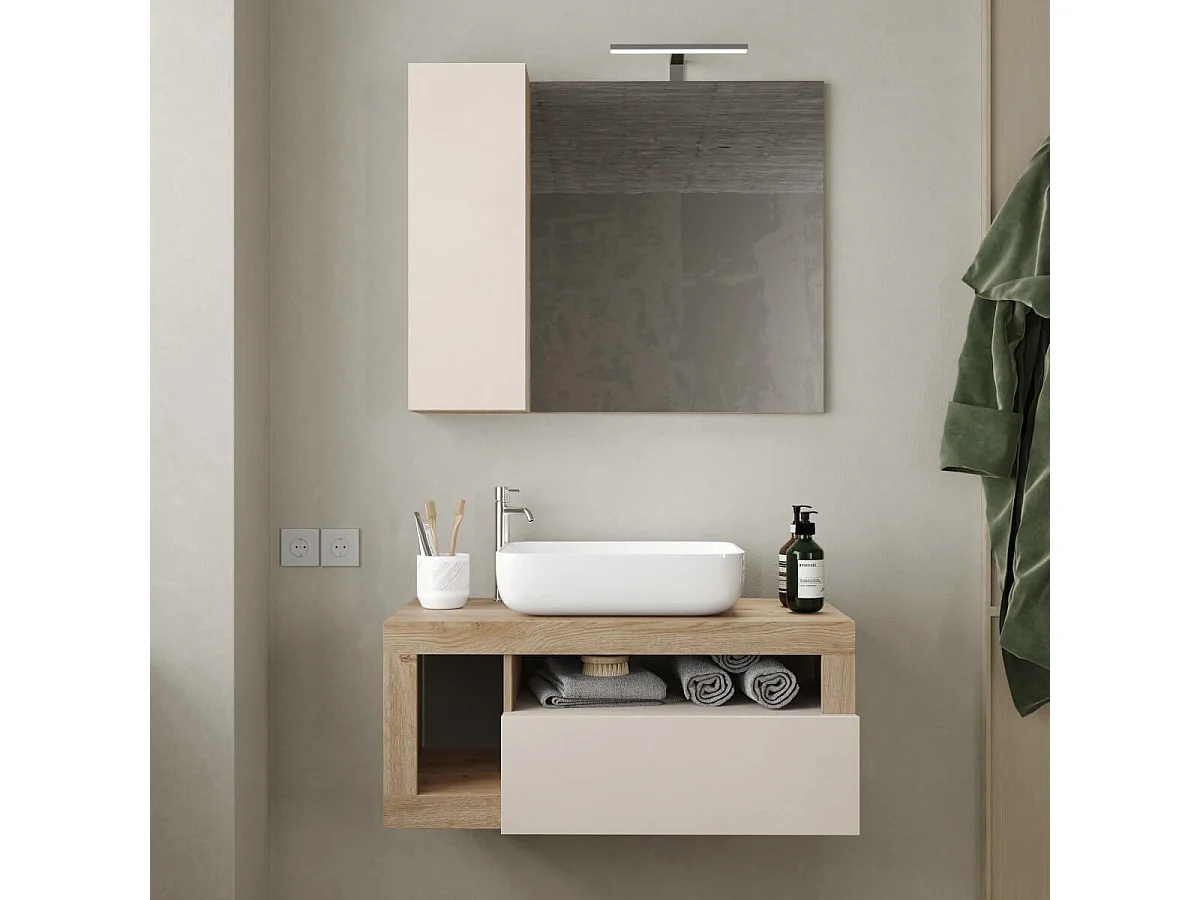 ARTURO - Meuble Vasque 92cm suspendu 1 tiroirs beige laqué et aspect bois finition Cadiz