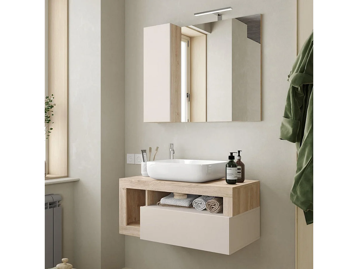 ARTURO - Meuble Vasque 92cm suspendu 1 tiroirs beige laqué et aspect bois finition Cadiz