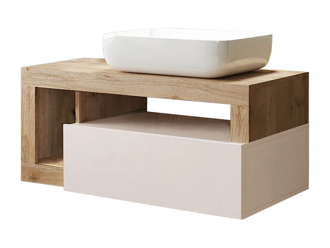 ARTURO - Meuble Vasque 92cm suspendu 1 tiroirs beige laqué et aspect bois finition Cadiz