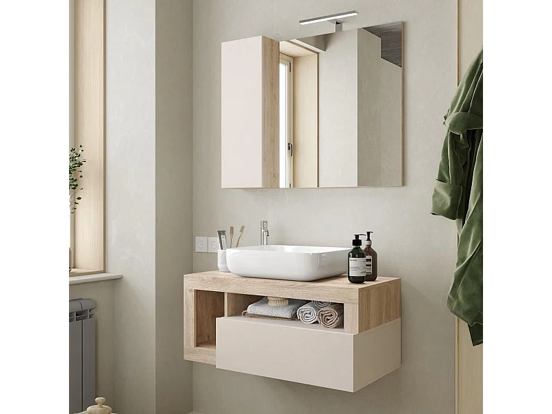 ARTURO - Meuble Vasque 92cm suspendu 1 tiroirs beige laqué et aspect bois finition Cadiz