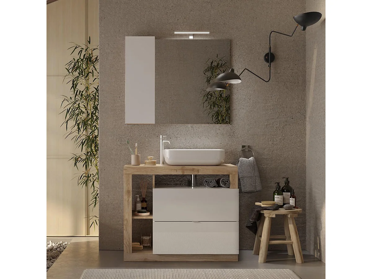 ARTURO - Meuble Vasque 92cm 2 tiroirs blanc laqué et aspect bois finition Cadiz