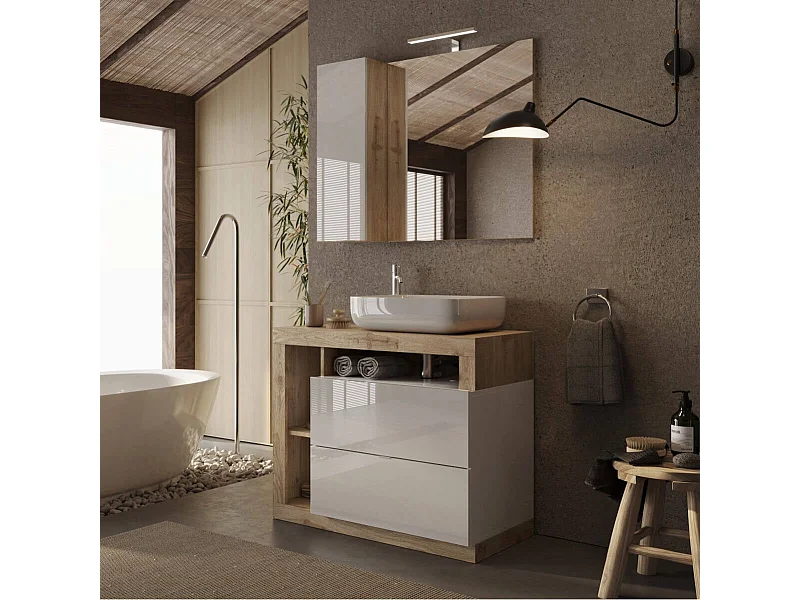 ARTURO - Meuble Vasque 92cm 2 tiroirs blanc laqué et aspect bois finition Cadiz