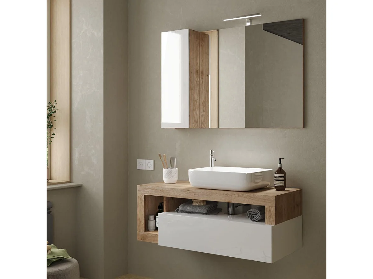 ARTURO - Meuble Vasque 110cm suspendu 1 tiroirs blanc laqué et aspect bois finition Cadiz