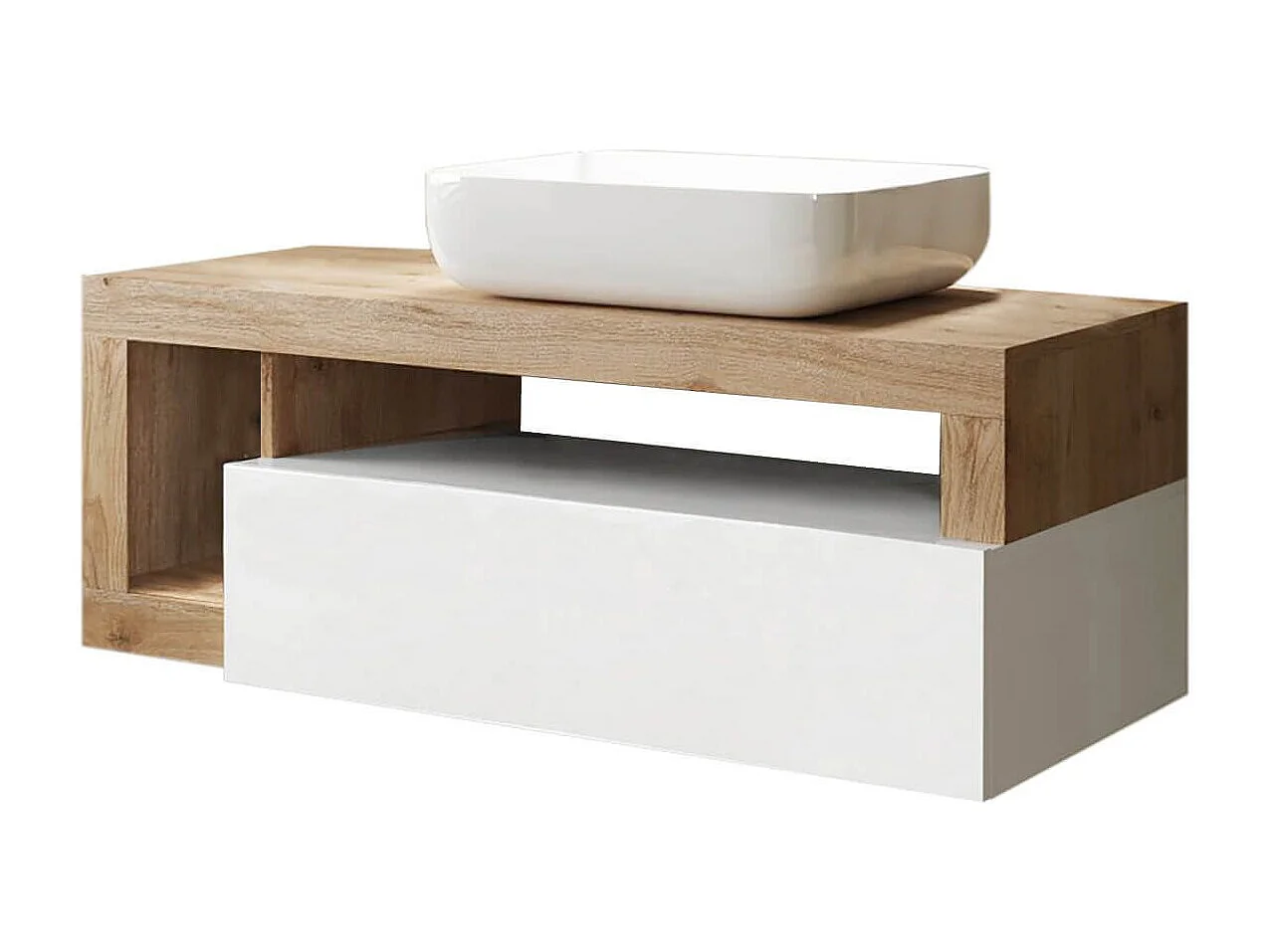 ARTURO - Meuble Vasque 110cm suspendu 1 tiroirs blanc laqué et aspect bois finition Cadiz