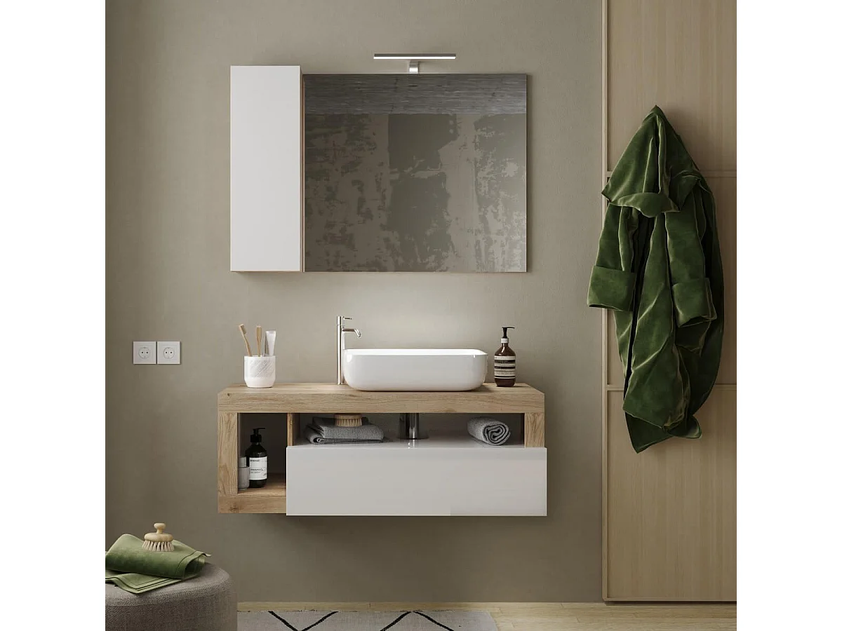 ARTURO - Meuble Vasque 110cm suspendu 1 tiroirs blanc laqué et aspect bois finition Cadiz