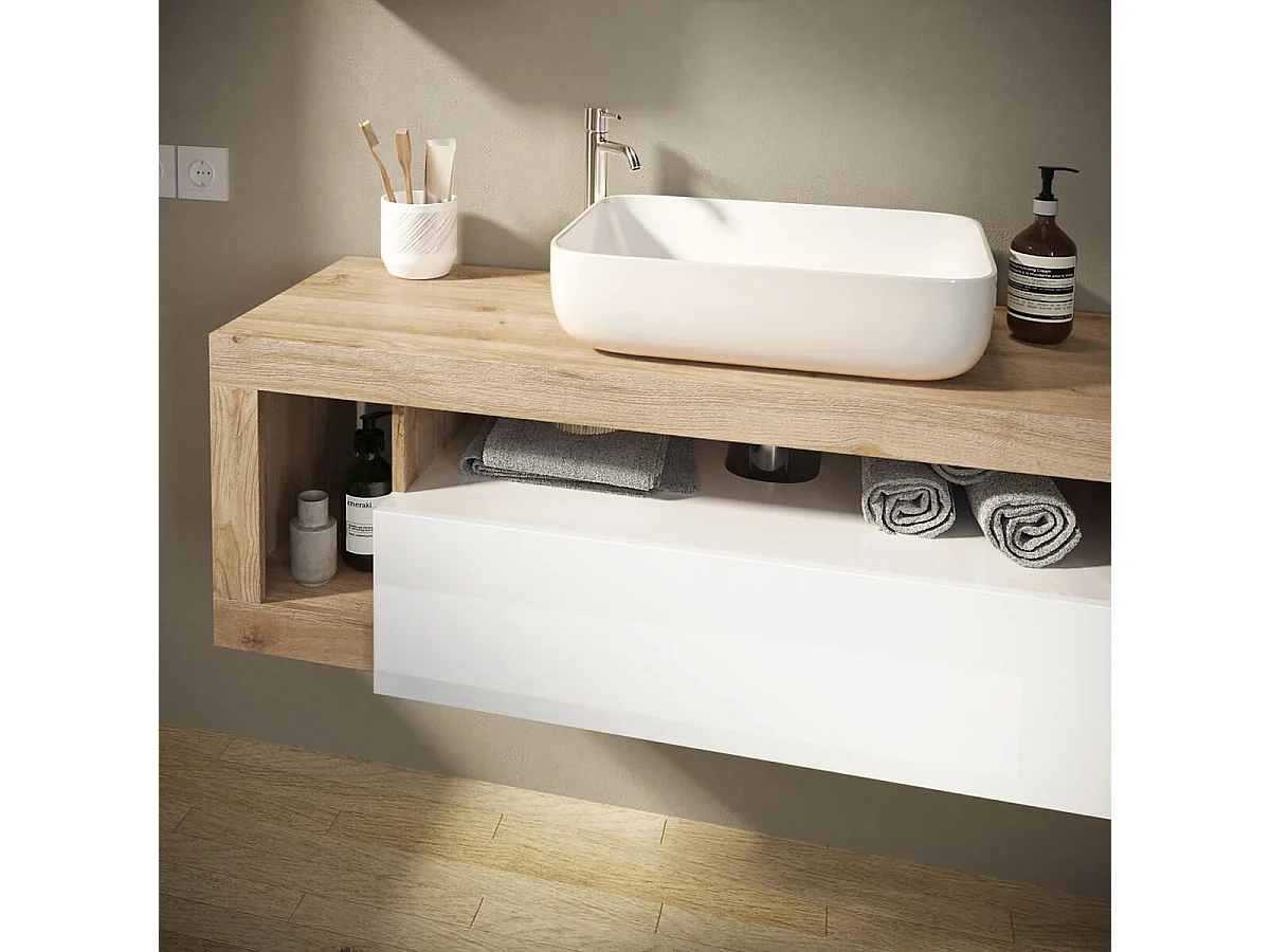 ARTURO - Meuble Vasque 110cm suspendu 1 tiroirs blanc laqué et aspect bois finition Cadiz