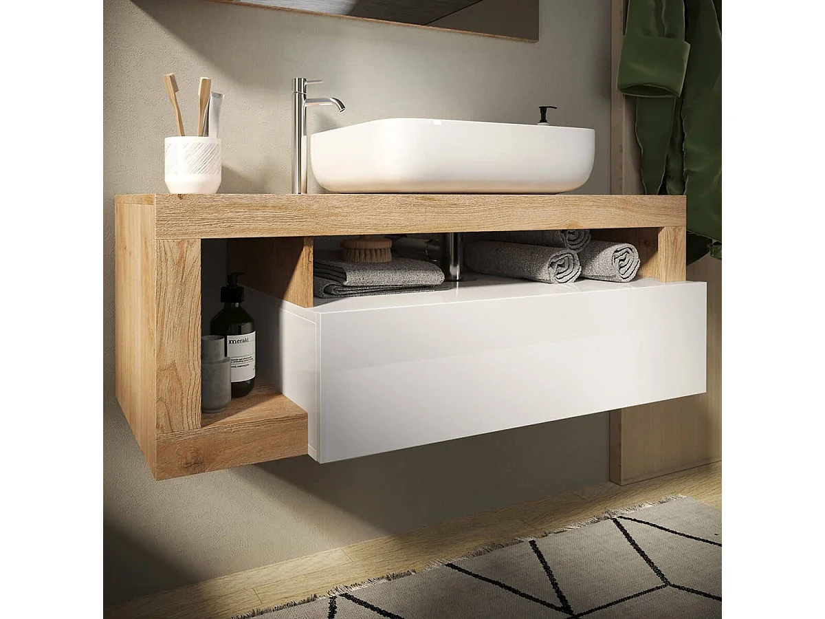 ARTURO - Meuble Vasque 110cm suspendu 1 tiroirs blanc laqué et aspect bois finition Cadiz