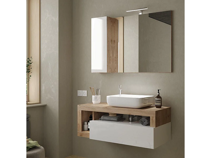 ARTURO - Meuble Vasque 110cm suspendu 1 tiroirs blanc laqué et aspect bois finition Cadiz