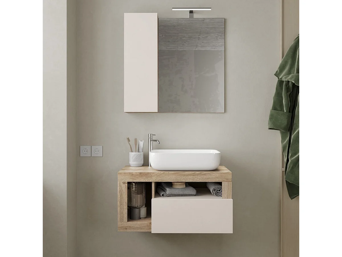 ARTURO - Meuble Vasque 78cm suspendu 1 tiroirs beige laqué et aspect bois finition Cadiz