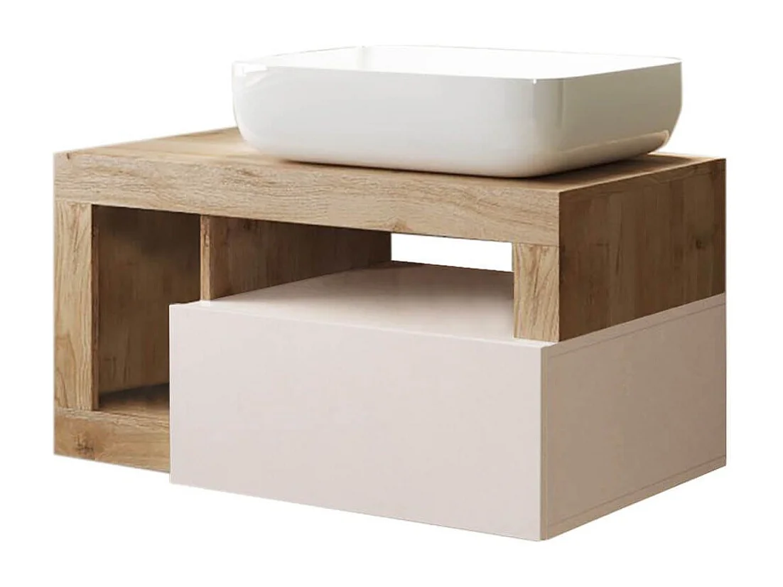 ARTURO - Meuble Vasque 78cm suspendu 1 tiroirs beige laqué et aspect bois finition Cadiz