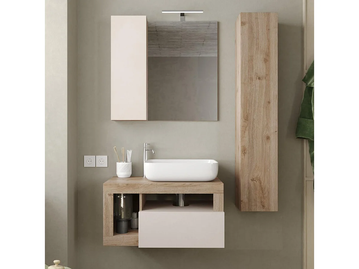 ARTURO - Meuble Vasque 78cm suspendu 1 tiroirs beige laqué et aspect bois finition Cadiz