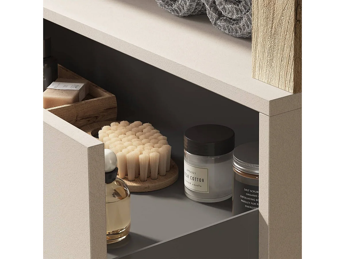 ARTURO - Meuble Vasque 78cm suspendu 1 tiroirs beige laqué et aspect bois finition Cadiz