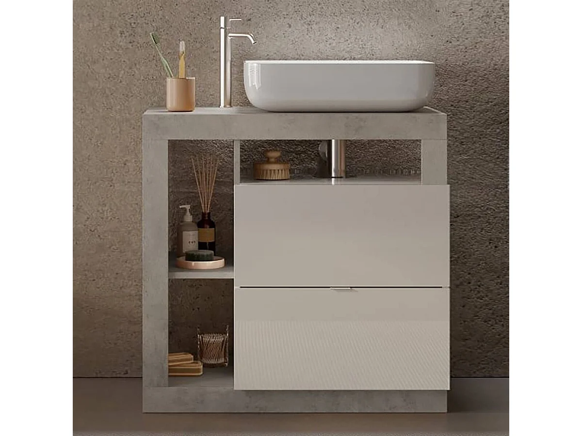 ARTURO - Meuble Vasque 78cm 2 tiroirs blanc laqué et aspect béton