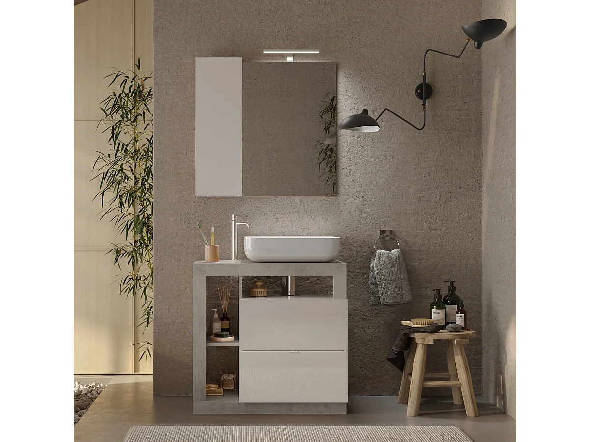 ARTURO - Meuble Vasque 78cm 2 tiroirs blanc laqué et aspect béton