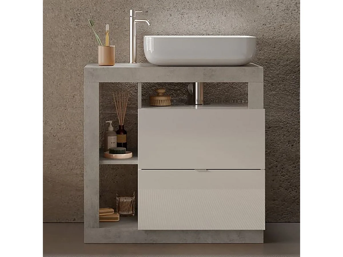ARTURO - Meuble Vasque 78cm 2 tiroirs blanc laqué et aspect béton