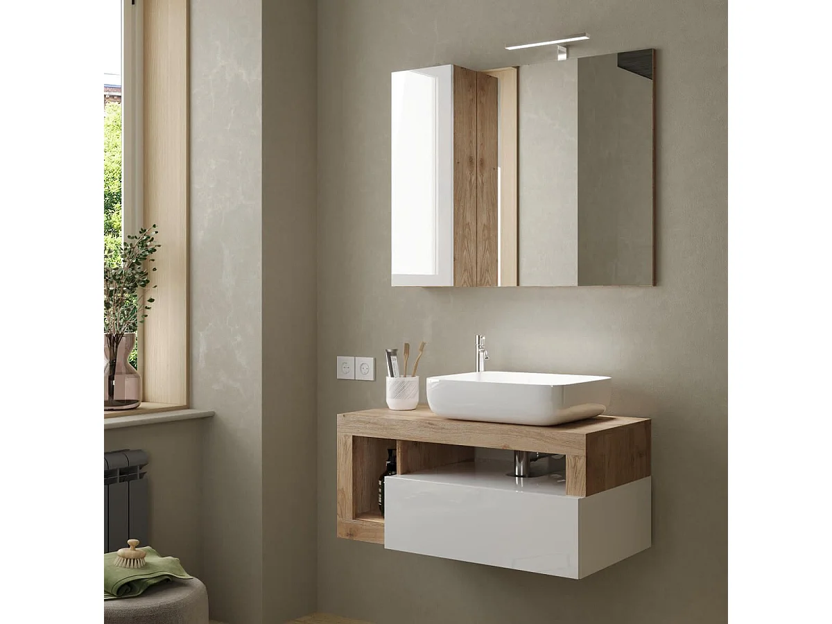 ARTURO - Meuble Vasque 92cm suspendu 1 tiroirs blanc laqué et aspect bois finition Cadiz