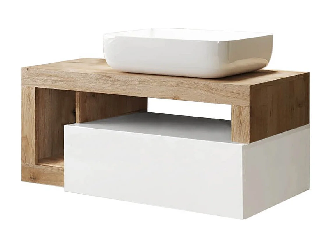 ARTURO - Meuble Vasque 92cm suspendu 1 tiroirs blanc laqué et aspect bois finition Cadiz