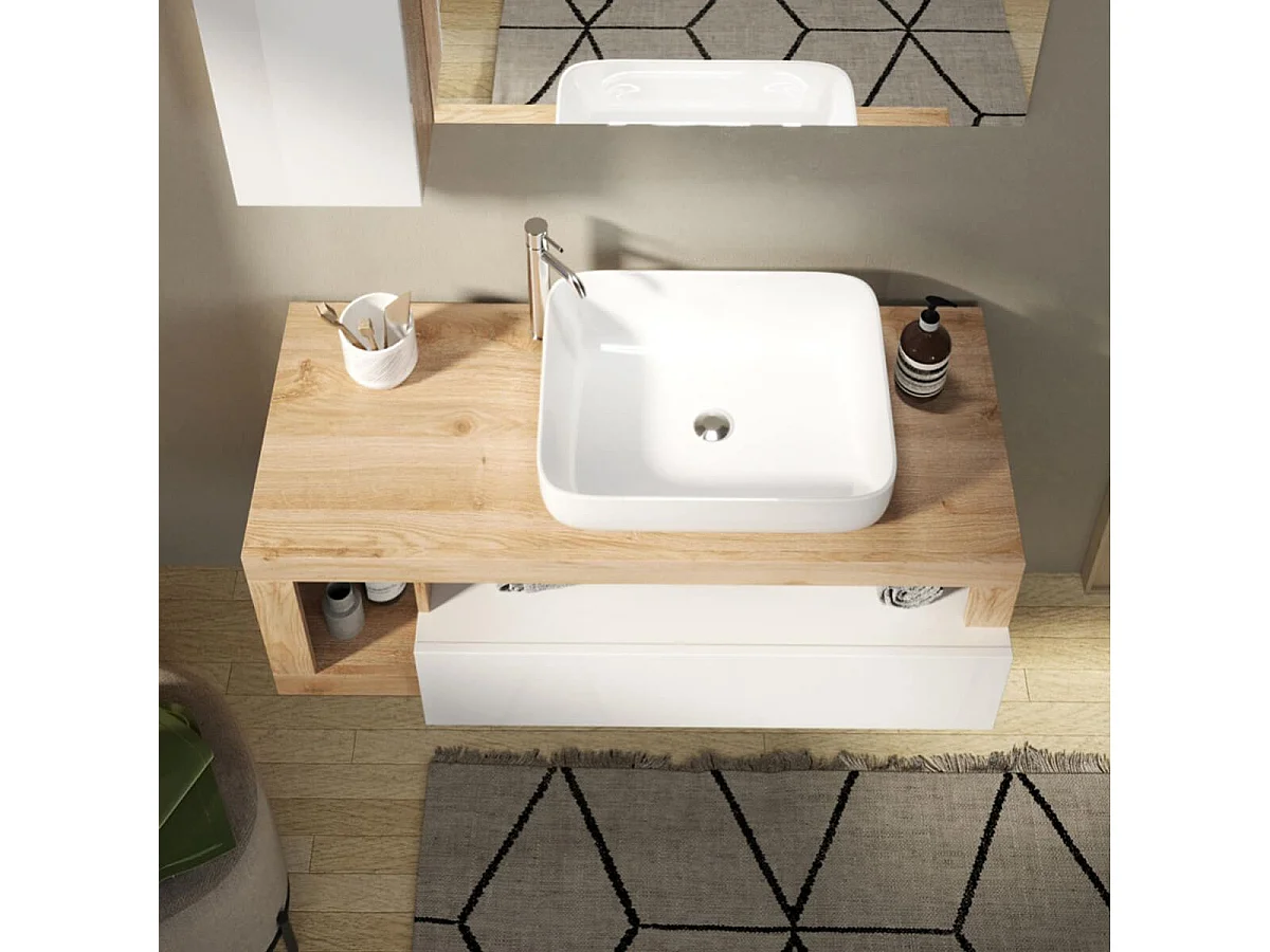 ARTURO - Meuble Vasque 92cm suspendu 1 tiroirs blanc laqué et aspect bois finition Cadiz