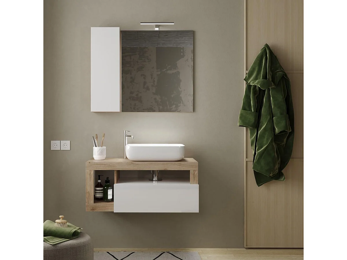 ARTURO - Meuble Vasque 92cm suspendu 1 tiroirs blanc laqué et aspect bois finition Cadiz