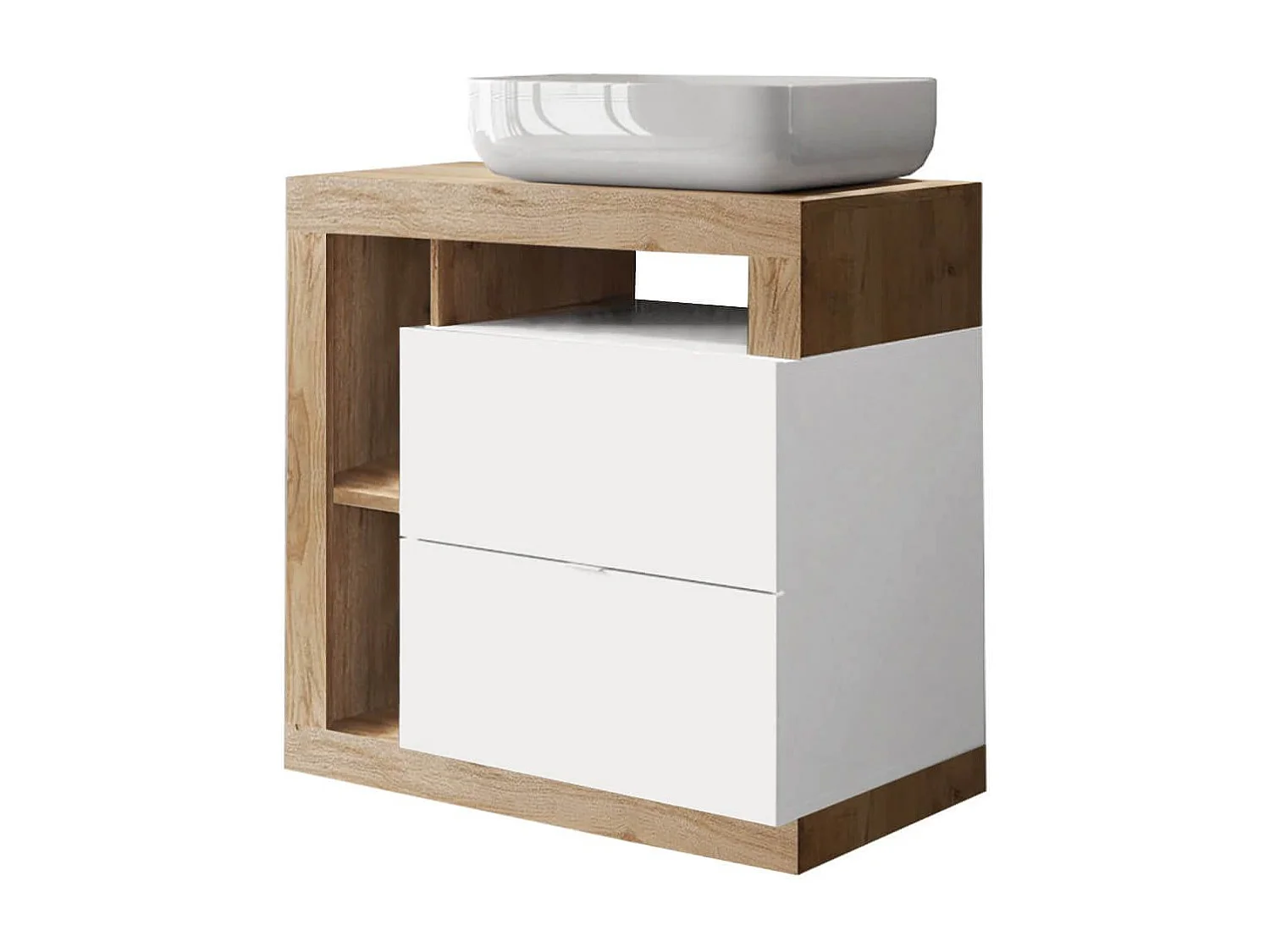 ARTURO - Meuble Vasque 78cm 2 tiroirs blanc laqué et aspect bois finition Cadiz